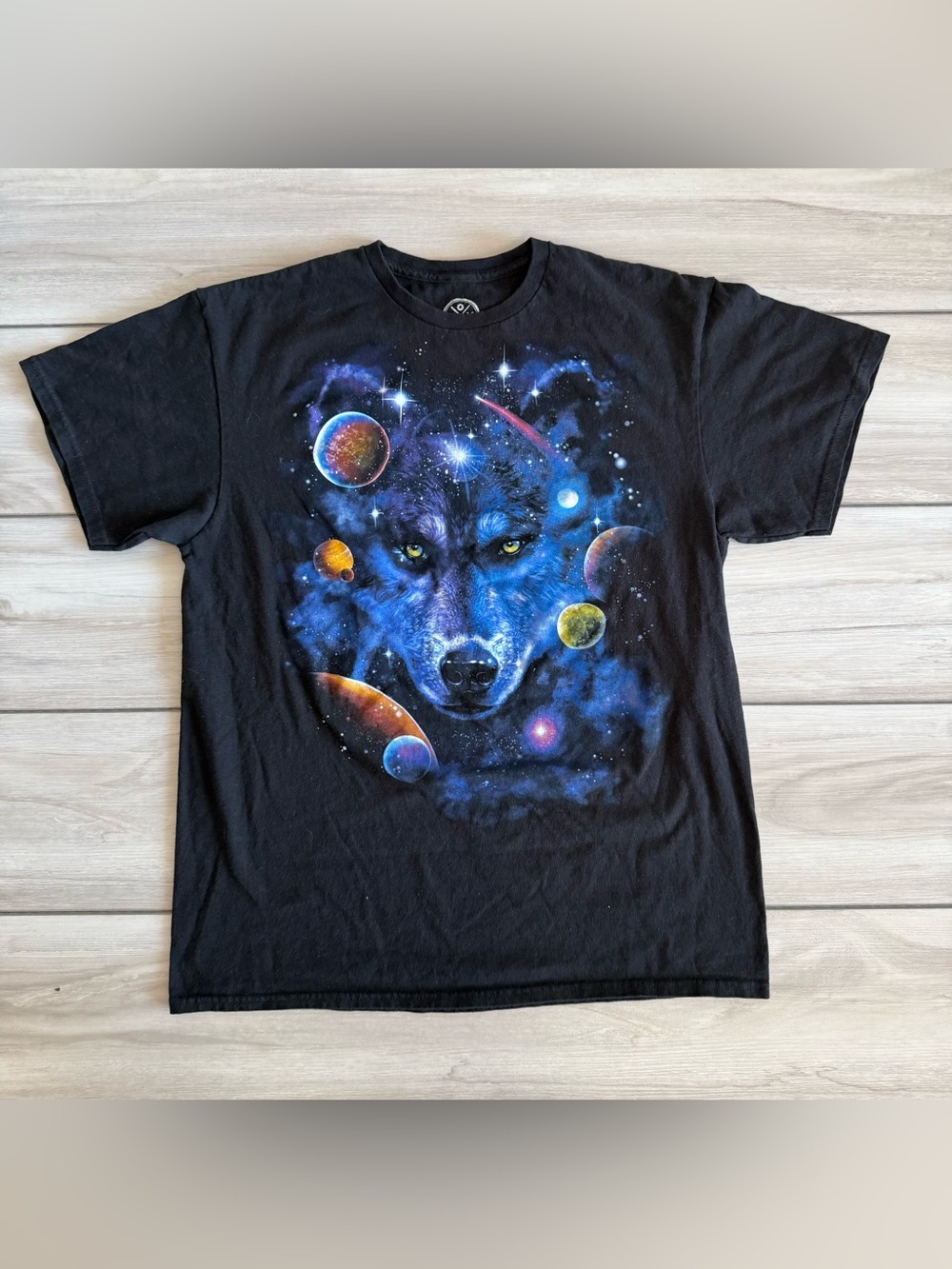 DOM Space Wolf Graphic Short Sleeve Tee Black Large NWOT